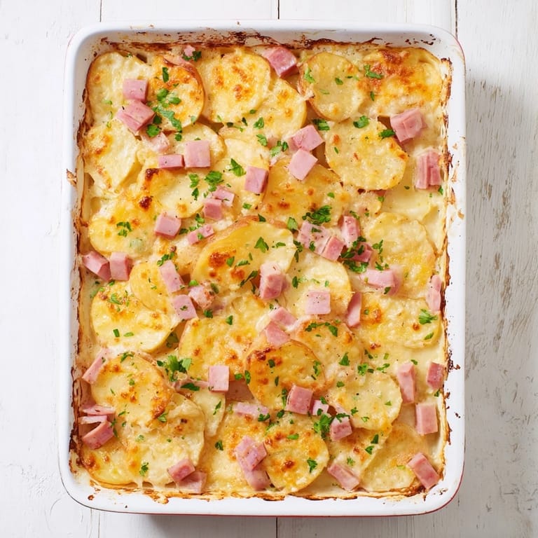 Layers of tender potatoes and diced ham are baked until perfectly melted and bubbly.