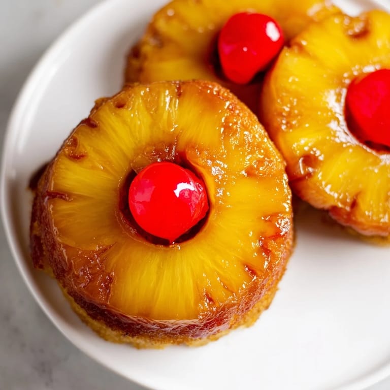 Buttery golden Pineapple Upside-Down Cake inverted to reveal a glossy caramel topping and cherries.