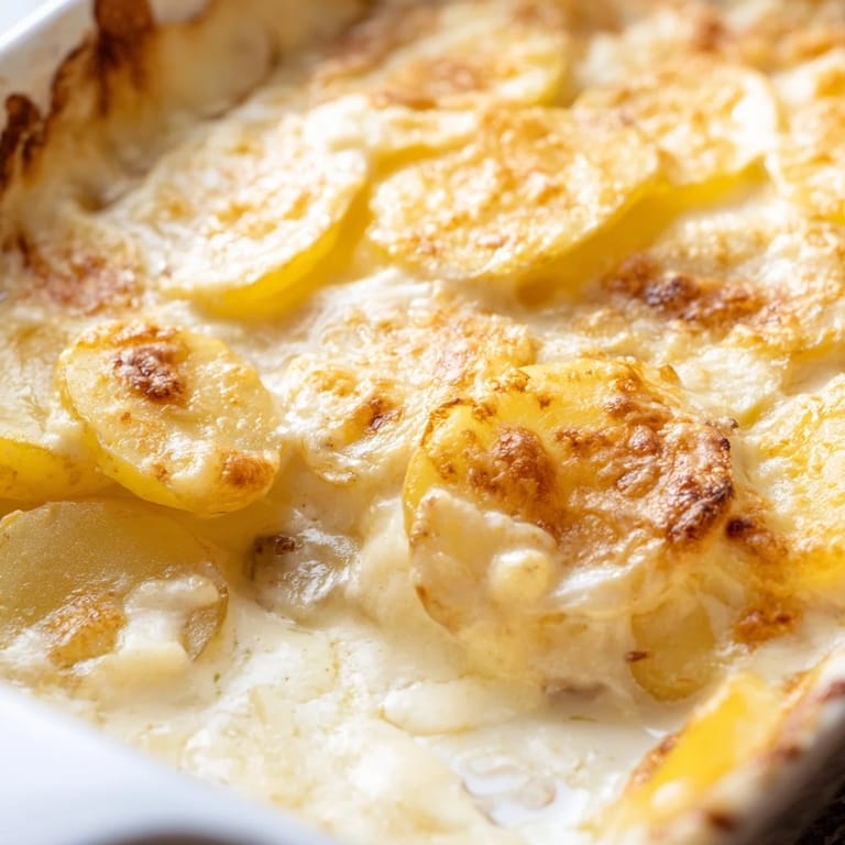 Sliced Yukon Gold potatoes layered with creamy garlic sauce, ready to serve as a rich French side dish.