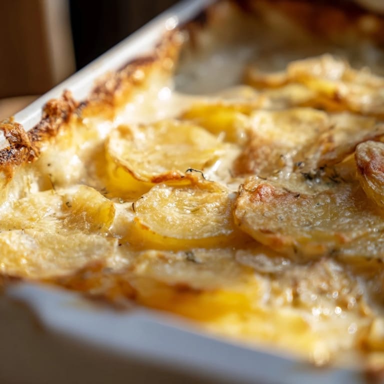 Steaming Au Gratin Potatoes with a crispy, cheesy crust, perfect comfort food paired with roasted meats or greens.