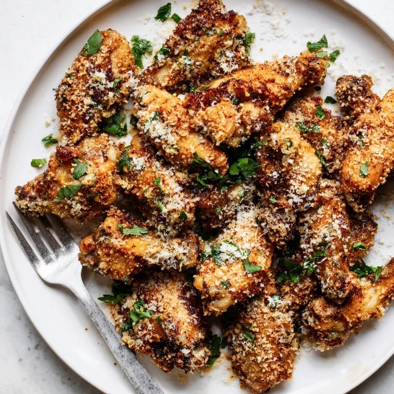 Crispy baked chicken wings coated in rich garlic butter sauce, topped with grated Parmesan on a serving platter.