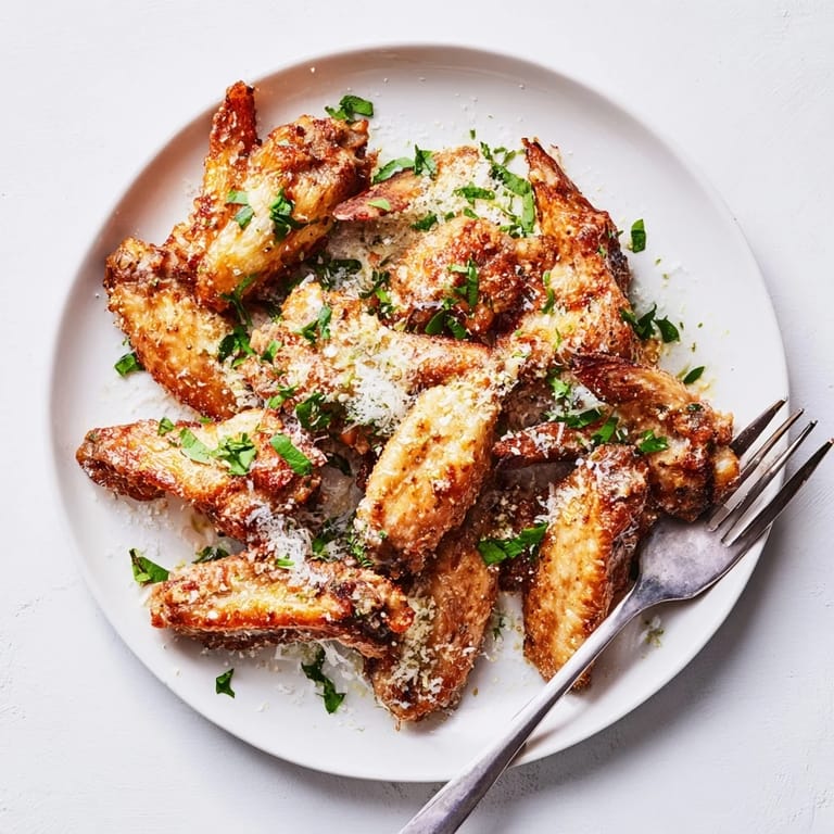 Tender Garlic Parmesan Wings garnished with fresh parsley, served alongside celery sticks and blue cheese dip for dipping.