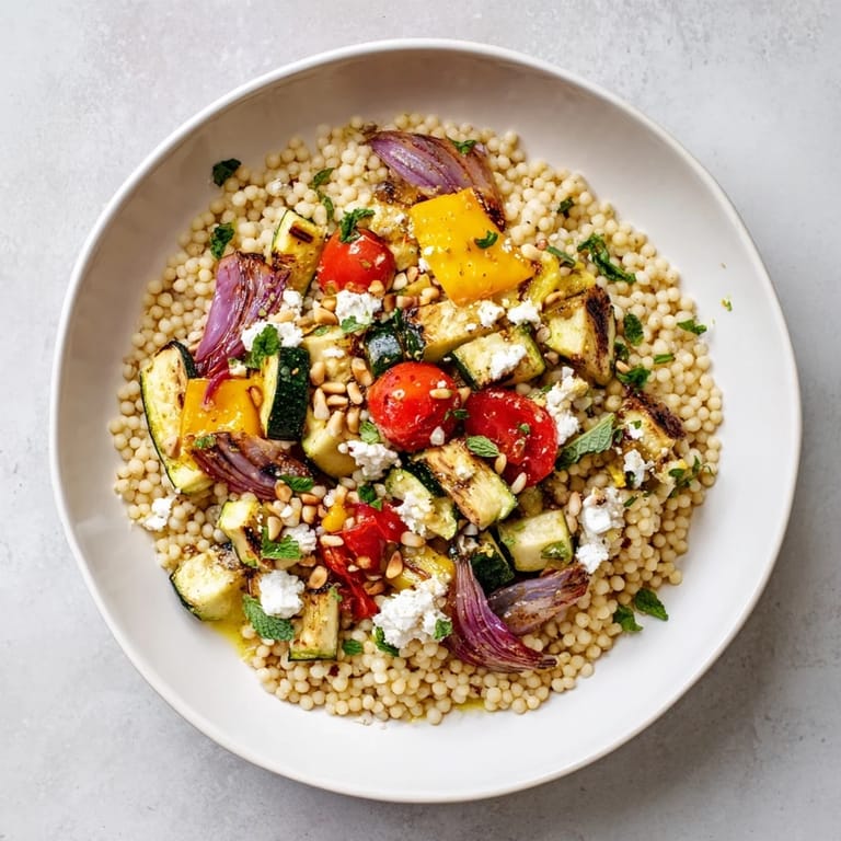 Colorful roasted vegetable couscous salad topped with crumbled feta, fresh parsley, and toasted pine nuts for a Mediterranean-inspired meal.