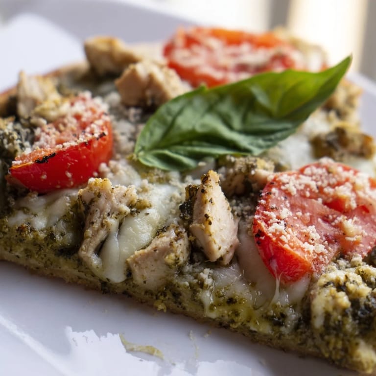 Homemade Chicken Pesto Pizza served warm with fresh basil leaves, ready to slice and enjoy for dinner.