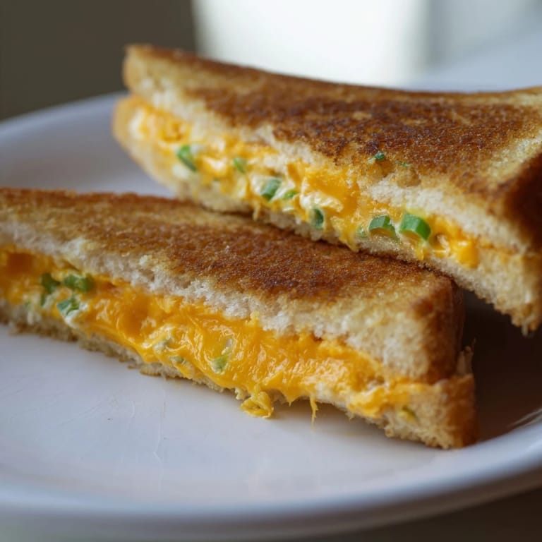 Spicy Jalapeño Popper Grilled Cheese slices on a rustic wooden board, showcasing a gooey, creamy filling between crispy, buttery sourdough crusts.  