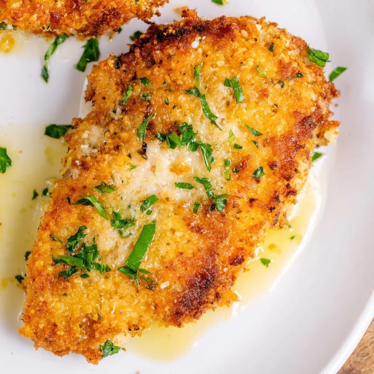 Perfectly baked Roasted Garlic Parmesan Chicken with a golden, crunchy topping, paired with a side of mixed greens.