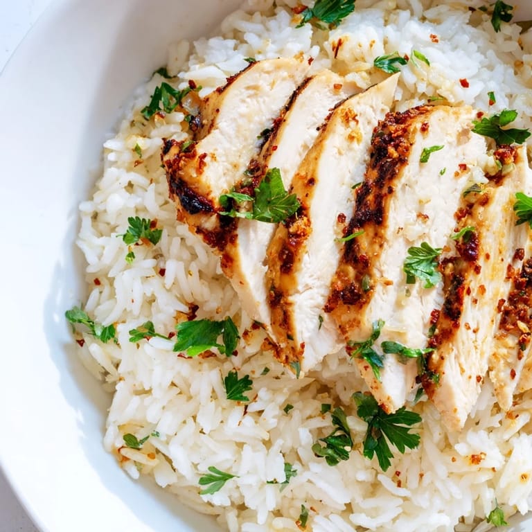 Golden, buttery rice with minced onion and garlic is topped with tender grilled chicken for a comforting, flavorful main dish.  