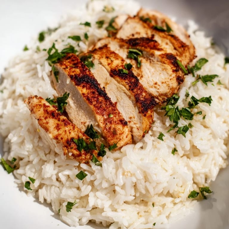 Savory garlic butter rice fluffed with fresh parsley, served alongside sliced grilled chicken breast and bright lemon wedges.