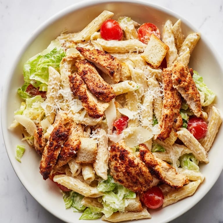Homemade spicy chicken Caesar pasta garnished with parsley and croutons, served with lemon wedges on the side.
