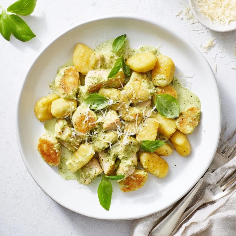 Fresh basil leaves and grated Parmesan garnish this easy creamy pesto gnocchi with chicken for a weeknight Italian dinner.