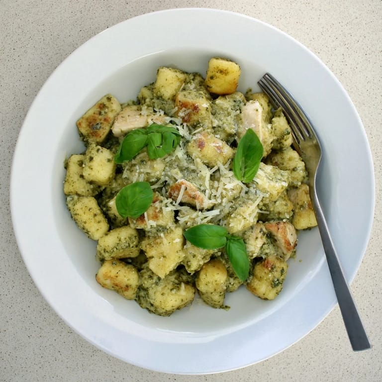 Creamy pesto gnocchi with chicken served in a white bowl with extra Parmesan, garlic, and a glass of white wine.