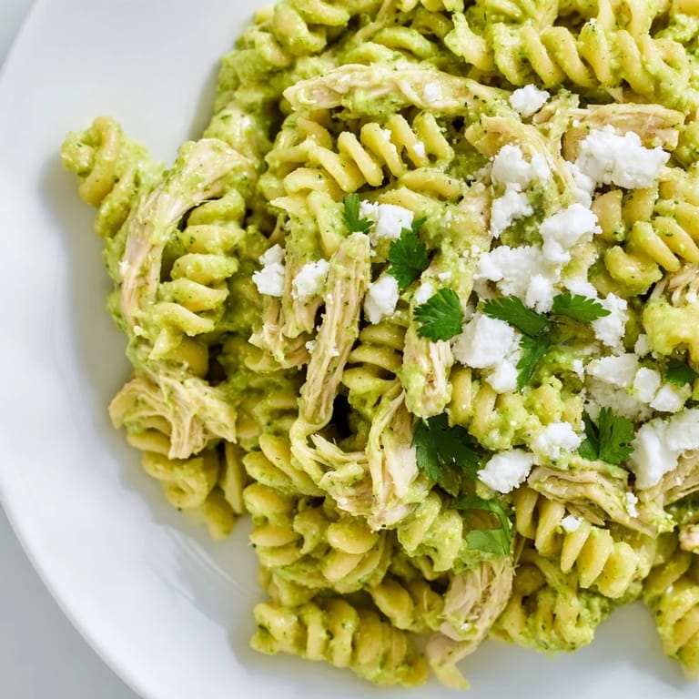 Hearty Cilantro Lime Chicken Pasta with rotini noodles, shredded chicken, and vibrant herbs, ready to serve for a weeknight dinner.  