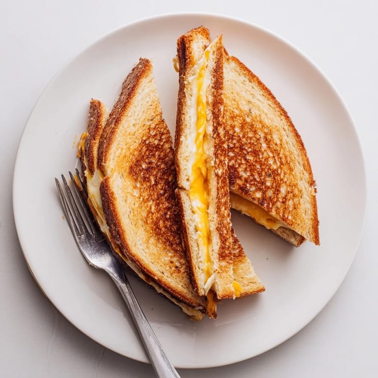 A hand lifts a slice of buttery sourdough, revealing the golden crust and layers of provolone and mozzarella in a Triple Cheese Sourdough Grilled Cheese.