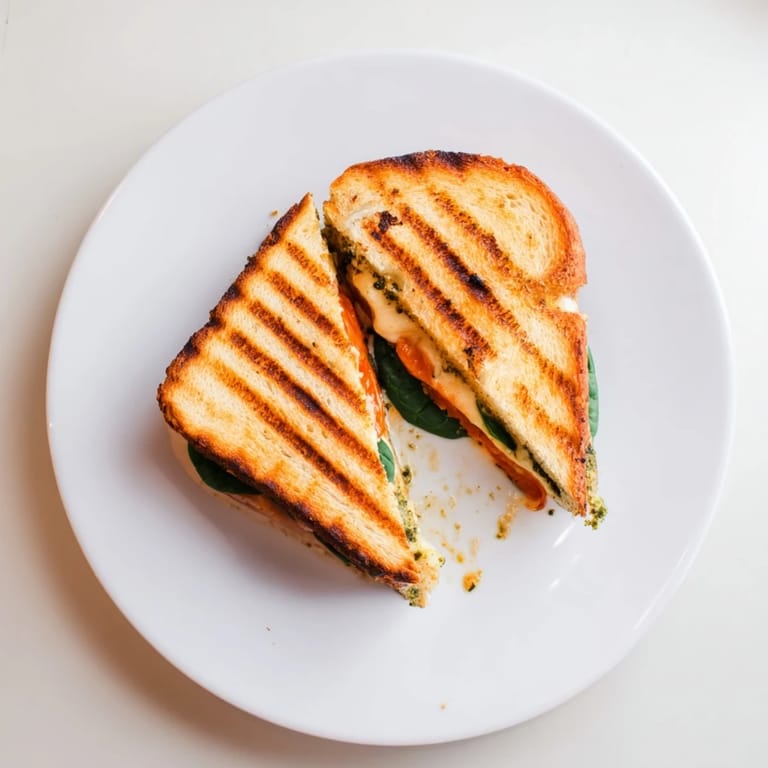 Golden, buttery slices of Roasted Tomato Pesto Grilled Cheese on a wooden board, featuring slow-roasted tomatoes and melted cheese, served with a fresh arugula garnish.