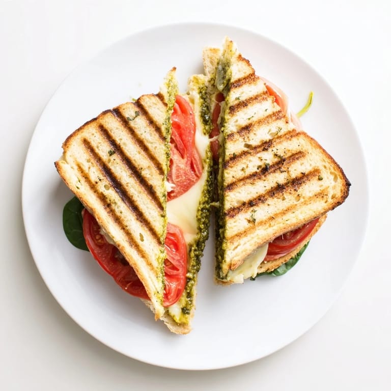 A beautifully grilled Roasted Tomato Pesto Grilled Cheese, cut diagonally to reveal layers of gooey cheese, rich pesto, and deeply caramelized roasted tomatoes inside.