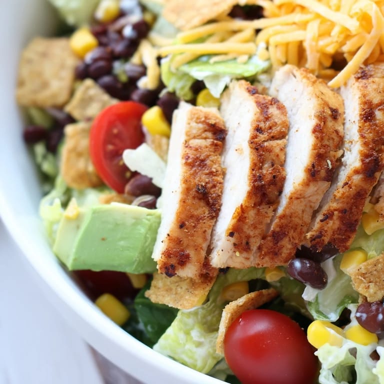 Colorful Crunchy Taco Chicken Salad in a white bowl, drizzled with creamy lime dressing and topped with avocado.