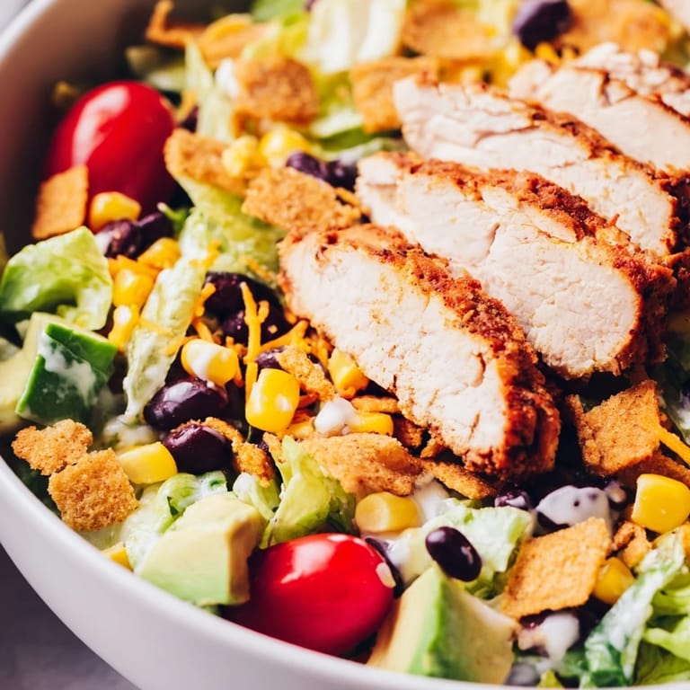 A vibrant platter of Crunchy Taco Chicken Salad featuring juicy chicken, cheddar, and crisp taco shell pieces.
