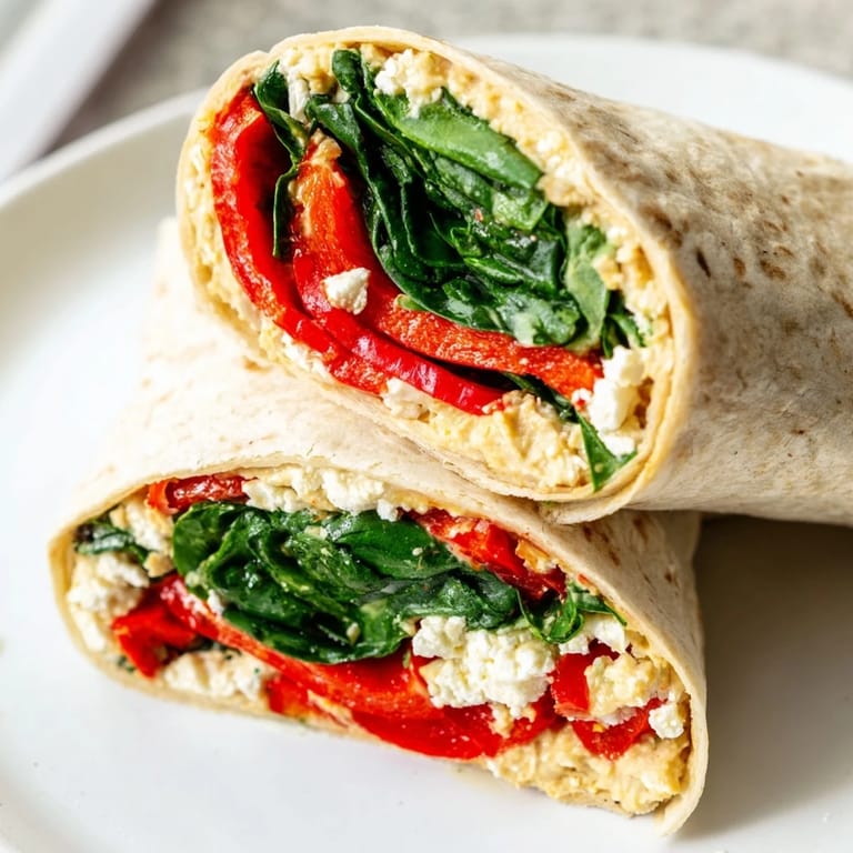 Sliced Mediterranean Veggie Wraps show vibrant spinach, red peppers, and feta cheese on a rustic board.