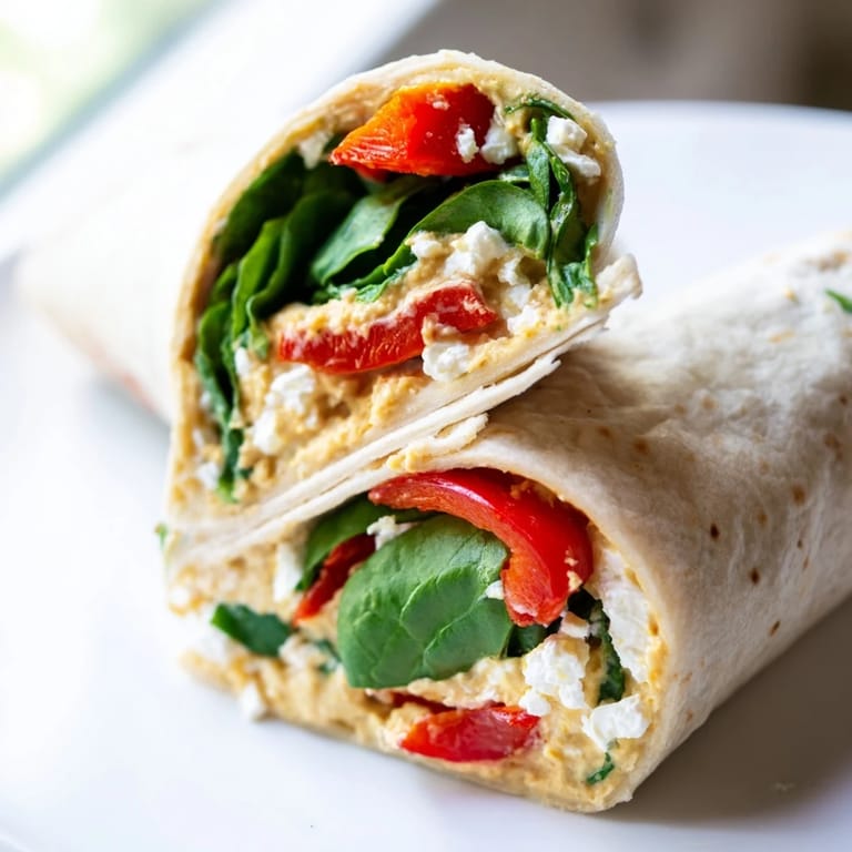 Soft tortilla wrapped around hummus, roasted peppers, spinach, and feta for a quick, fresh Mediterranean lunch.