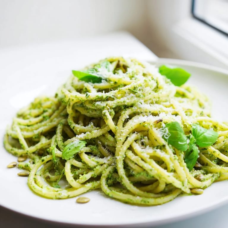 Steaming bowl of sunflower seed pesto pasta tossed in a vibrant green sauce, garnished with basil leaves and lemon zest.