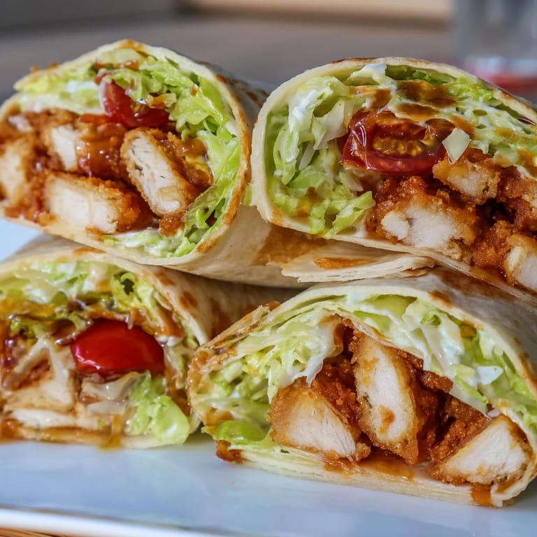 Assembled Hot Honey Chicken Caesar Wrap cut in half, revealing layers of fried chicken and Caesar salad fillings.