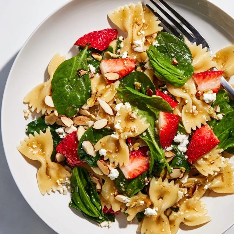 A close-up view of the colorful Spring Spinach Strawberry Pasta Salad, featuring crumbled feta and a glossy poppy seed dressing.  
