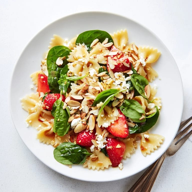 A bright serving of Spring Spinach Strawberry Pasta Salad on a plate, garnished with fresh basil, ready for a summer lunch.