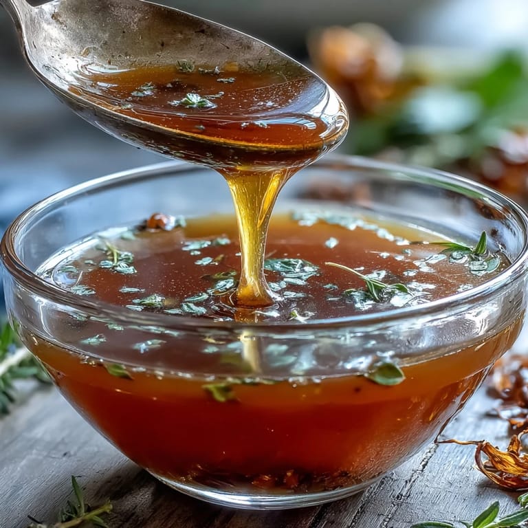 Homemade Vegetable Broth From Scraps strained into a clear glass jar with fresh parsley nearby.