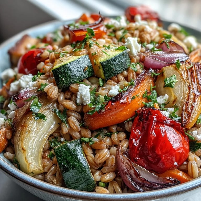 A close-up of farro with roasted vegetables, garnished with fresh parsley and optional crumbled feta, perfect for a healthy side.