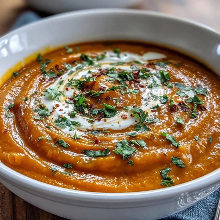 Vibrant Carrot Ginger Soup in a white ceramic bowl, topped with fresh coriander, perfect for a light, gluten-free dinner.