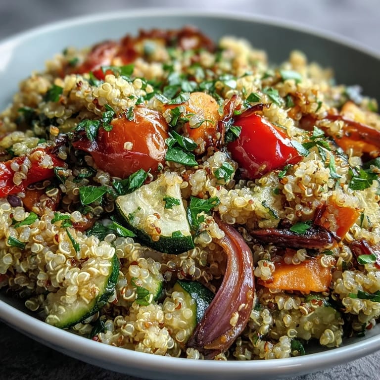 Close-up of Quinoa Vegetable Pilaf in a skillet, showcasing tender roasted carrots and red onions with aromatic herbs and a drizzle of olive oil.