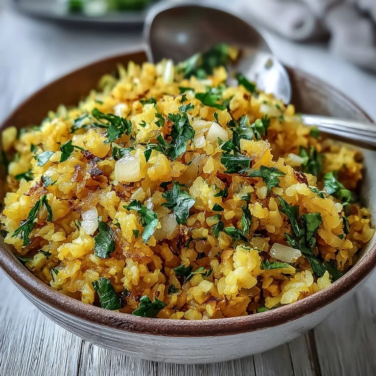 Healthy Turmeric Cauliflower Rice plated beside roasted vegetables, showcasing a low-carb, gluten-free side dish for dinner.