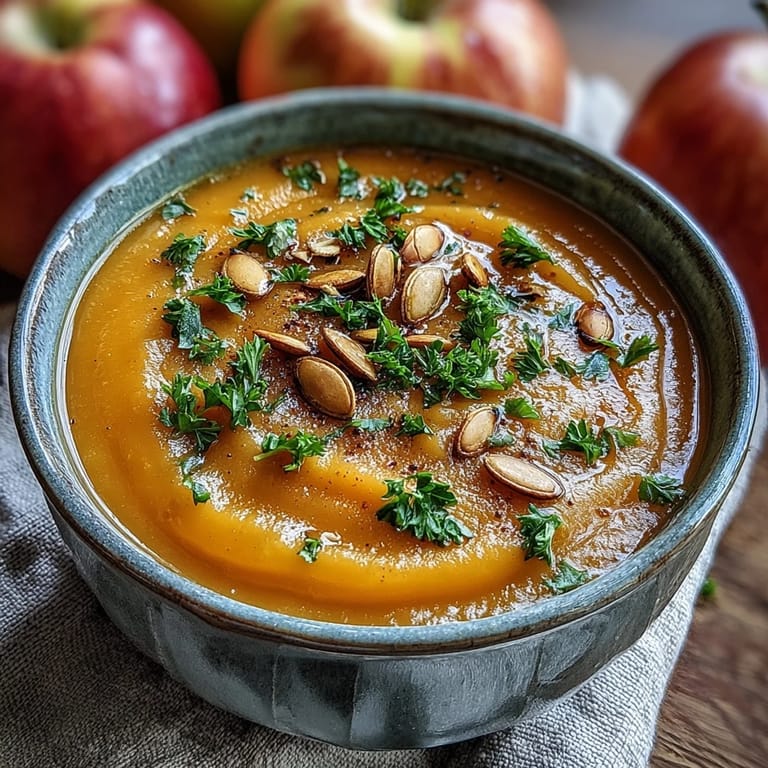 Velvety Butternut Squash and Apple Soup with a swirl of cream and toasted pumpkin seeds.