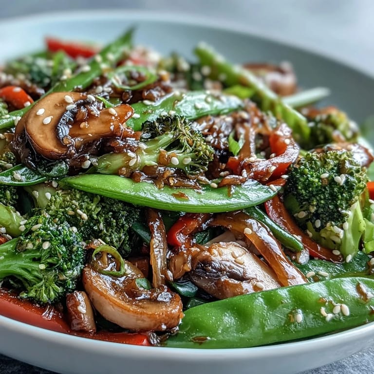 An aromatic pan of Ginger Stir-Fried Vegetables with colorful red bell peppers and mushrooms, perfect for a quick, healthy vegan dinner.