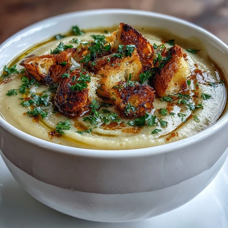 A bowl of Roasted Garlic Soup beside a crusty baguette slice and roasted garlic cloves. 