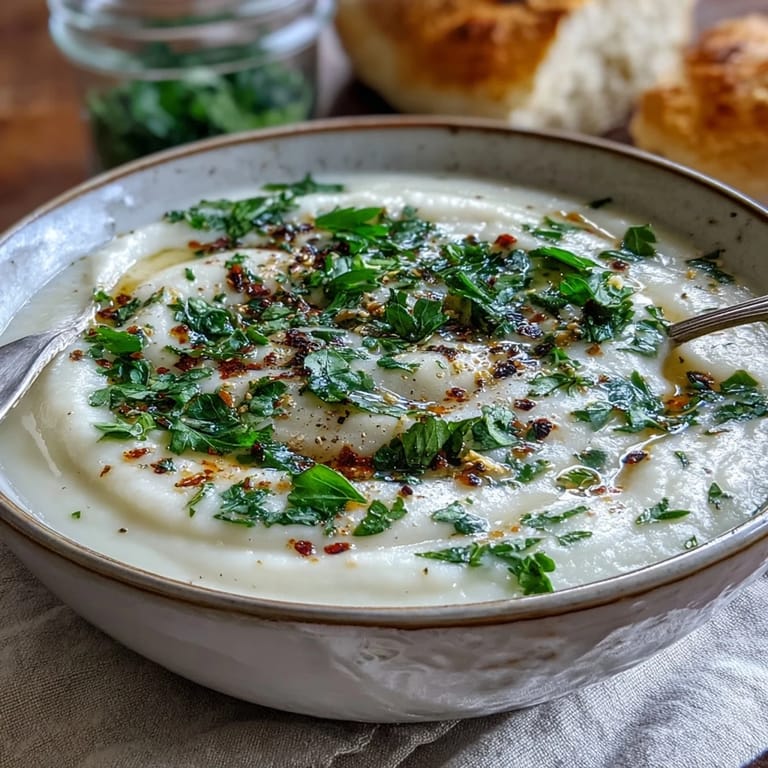 A bowl of golden Parsnip and Herb Soup, garnished with dill and tarragon, served alongside warm crusty bread.