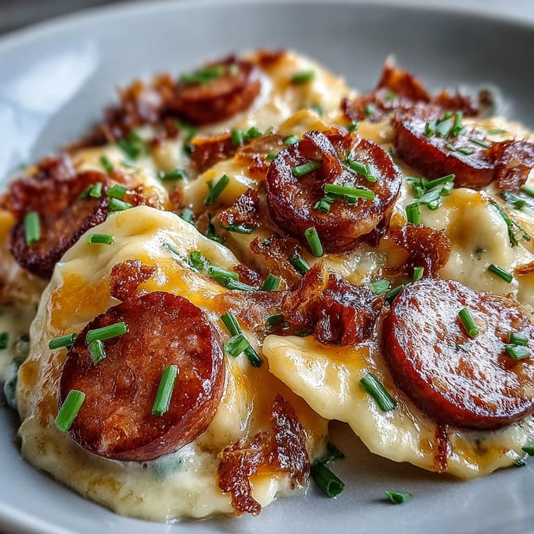Forkful of cheesy pierogi and smoky kielbasa in this hearty Crockpot Pierogi Casserole With Kielbasa.