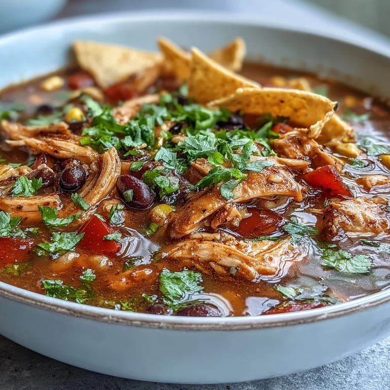 Freshly made Instant Pot Chicken Tortilla Soup garnished with cilantro and sour cream, served with tortilla chips for dipping.