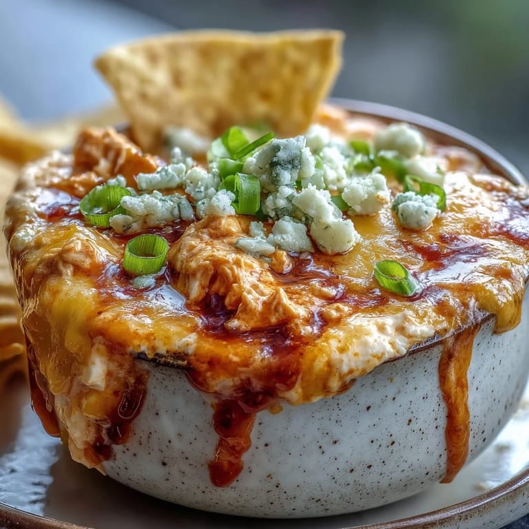 A bowl of spicy Crock Pot Buffalo Chicken Dip Soup garnished with blue cheese crumbles and fresh parsley.