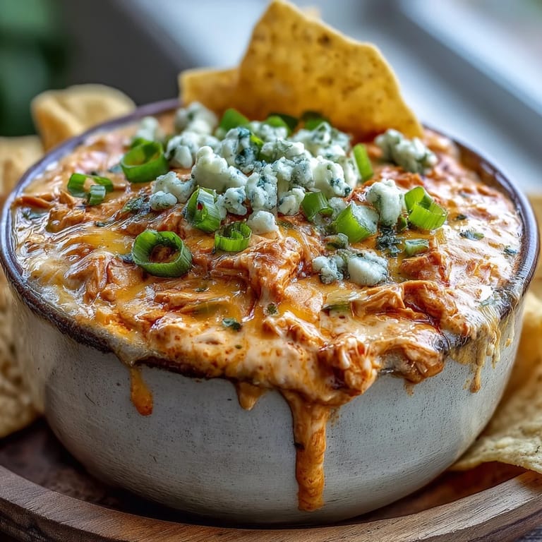Shredded chicken simmered in a rich and creamy Crock Pot Buffalo Chicken Dip Soup served with crusty bread.