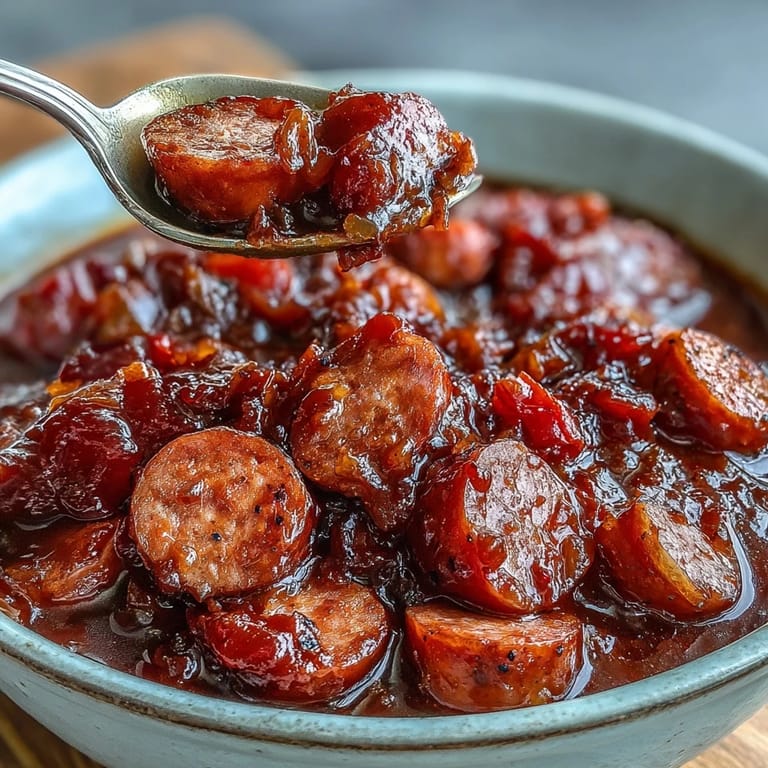 A ladle serves Crock Pot BBQ Cocktail Sausage Soup into a rustic bowl alongside crusty bread for a cozy meal.