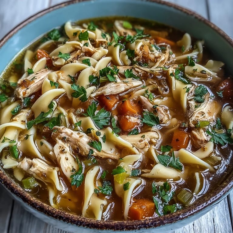Steaming bowl of Instant Pot Chicken Noodle Soup, garnished with fresh parsley, served alongside crusty bread for a cozy meal.