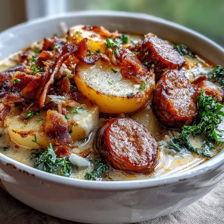 Hearty Italian Sausage Soup simmering in a Dutch oven, featuring tender potatoes and fresh kale in a rich, creamy broth. 