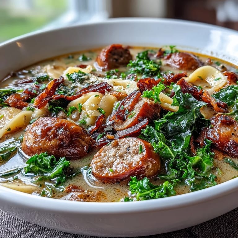 Comforting Italian Sausage Soup ladled into a rustic bowl, topped with crumbled bacon and a side of crusty bread.