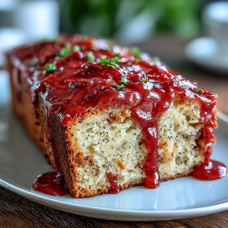 Moist Blood Orange Loaf Cake with marzipan and poppy seeds, glistening with glaze, perfect for a special brunch or dessert plate.