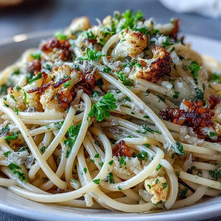 Hearty Italian-inspired Cauliflower, Anchovy and Raisin Spaghetti topped with fresh parsley and lemon zest ready to serve.