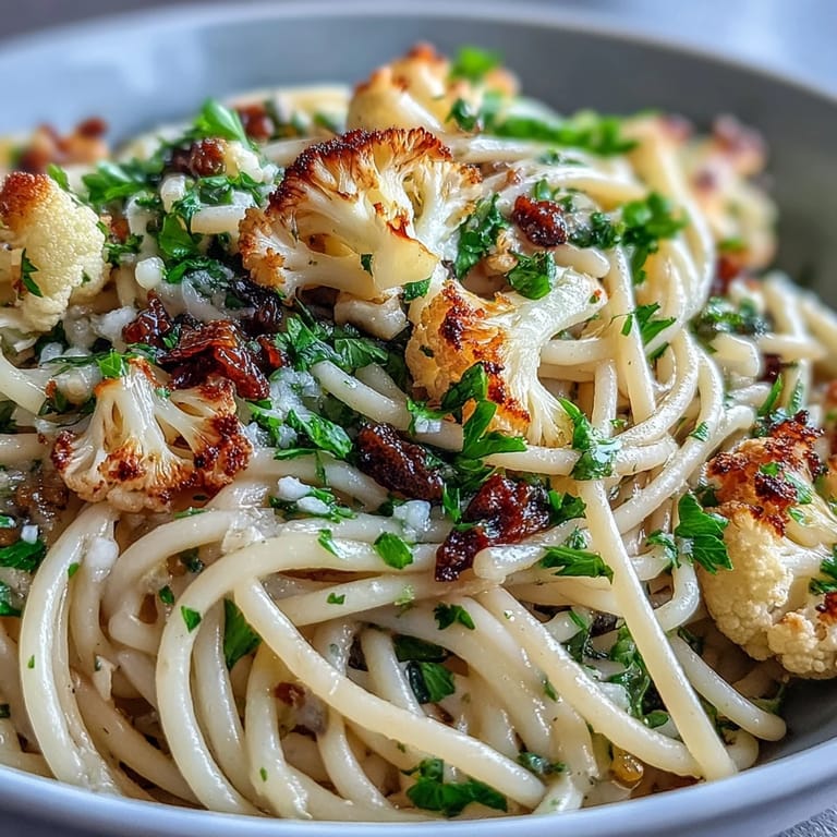A steaming skillet of Cauliflower, Anchovy and Raisin Spaghetti with caramelized florets, briny capers, and sweet golden raisins.