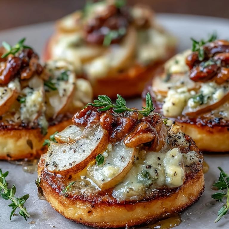 Warm, crisp Pear, Gorgonzola, and Pickled Walnut Pizzettes topped with fresh thyme, ready to serve with a honey drizzle.