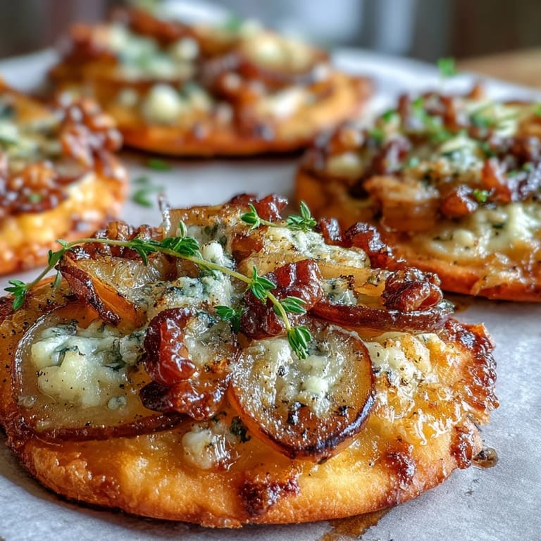 Golden mini pizzettes topped with ripe pear slices, crumbled Gorgonzola, and pickled walnuts, arranged on a wooden serving platter.