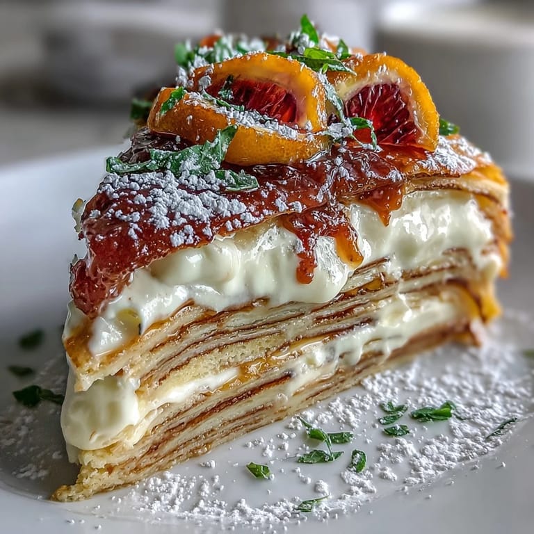 Delicate crêpes layered with tangy Blood Orange Curd Crêpe Cake and sweet whipped cream are stacked high.